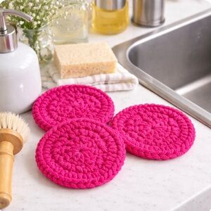 Handmade Crochet Bright Pink Scrubbies Set of 3 Reusable Kitchen Pads